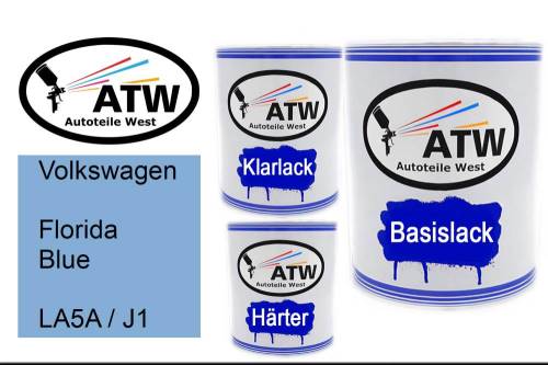 Volkswagen, Florida Blue, LA5A / J1: 1L Lackdose + 1L Klarlack + 500ml Härter - Set, von ATW Autoteile West.